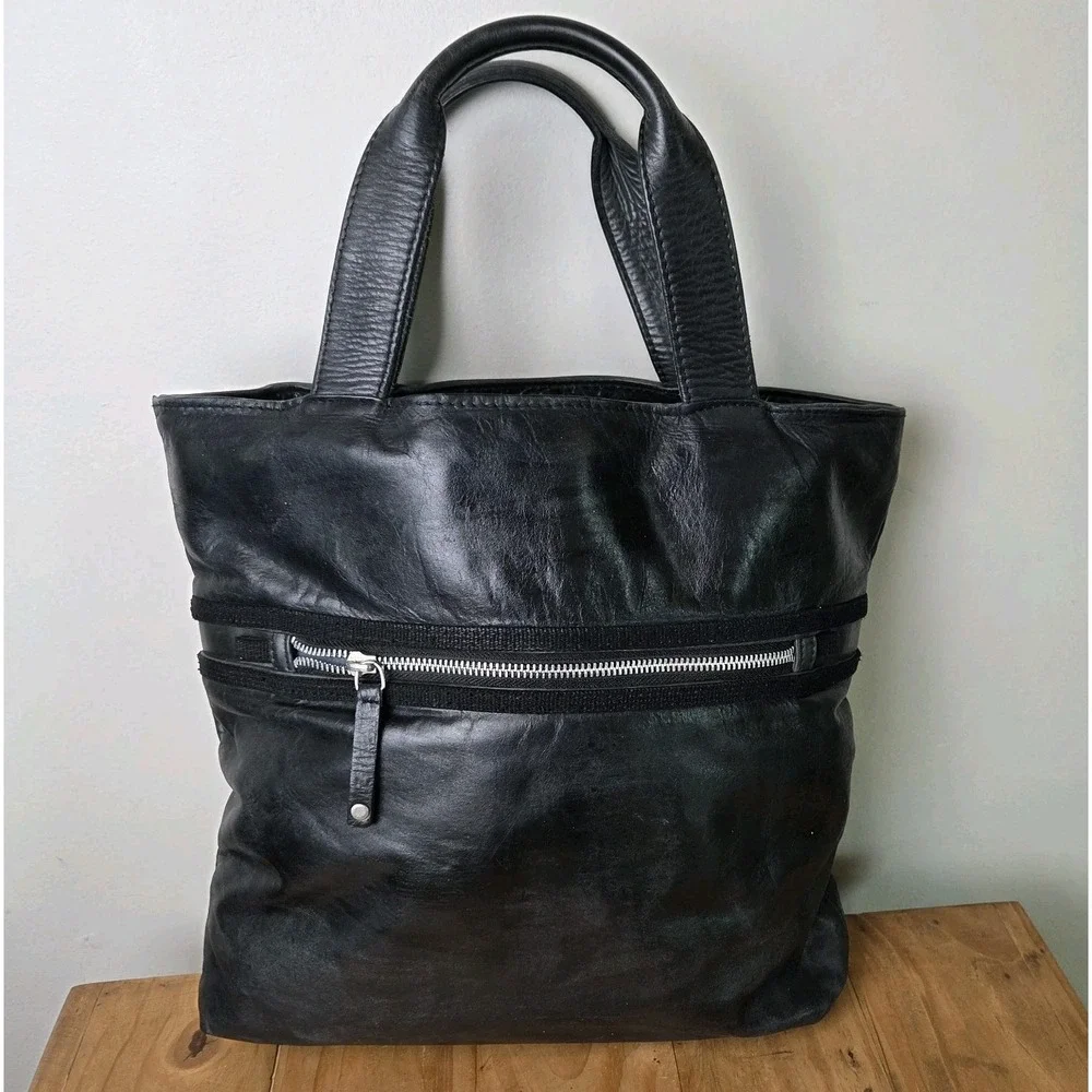 Hidesign Black Leather Tote Bag Shoulder Purse Large Satchel Convertible...